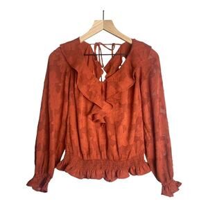 By Anthropologie Women’s Burnt Orange Textured Floral Ruffle Blouse Size-Small